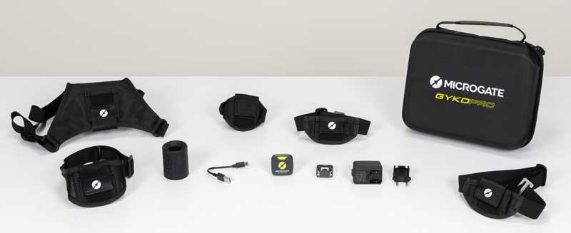 Capteur inertiel GykoPro de Microgate avec ses sangles et accessoires