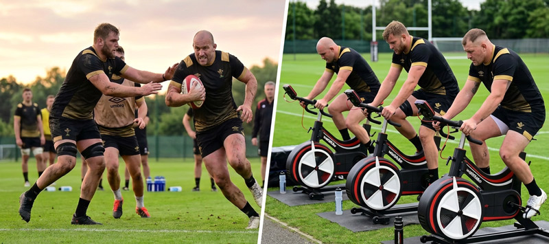 Joueurs de rugby à l'entraînement : sprint avec ballon et travail de récupération sur vélo